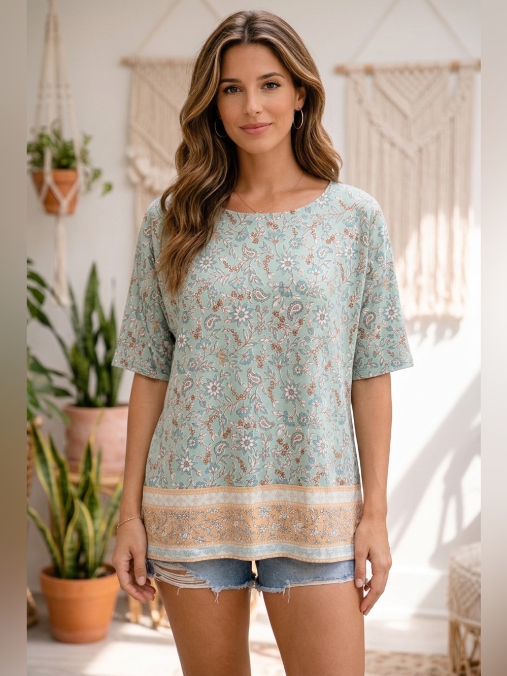 J. Jill Mint Green Floral supima Border Tunic Top size M